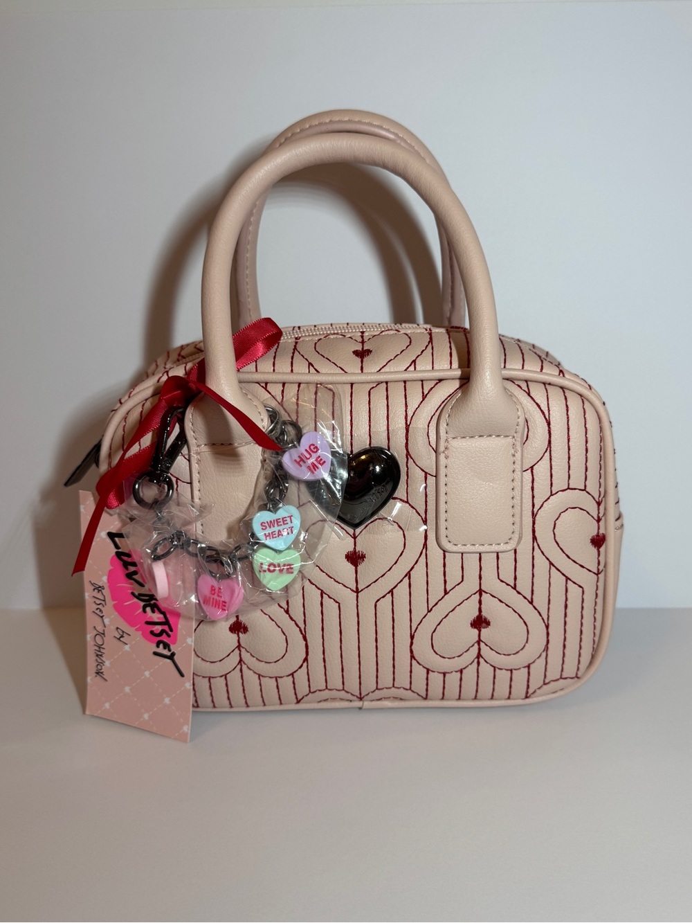 Luv by Besty Johnson Sweetheart Quilted Heart-Trim Satchel with Keychain